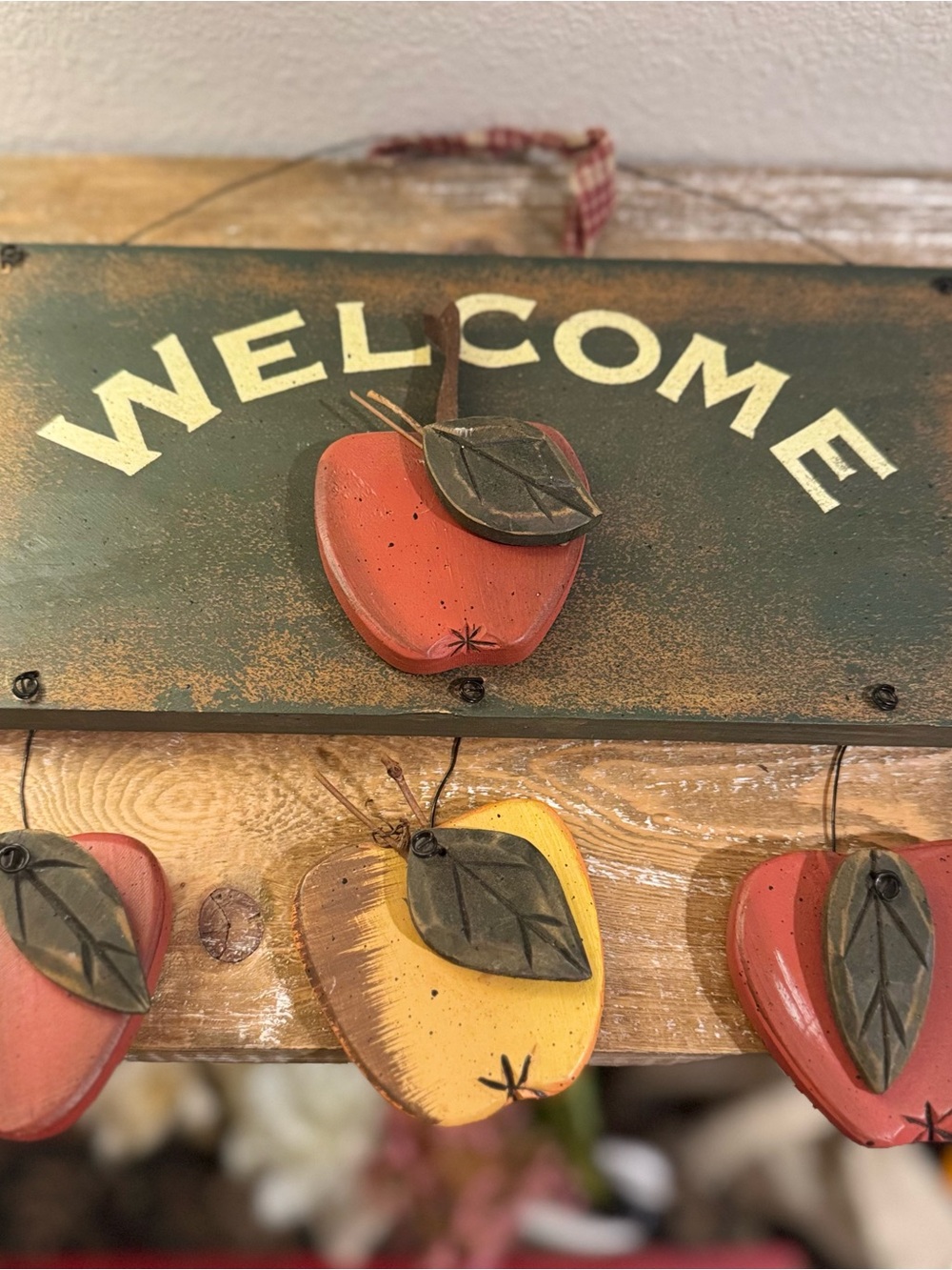 Vtg 90s Style Wooden Apple Welcome Sign Decor Country Ribbon Cottagecore
